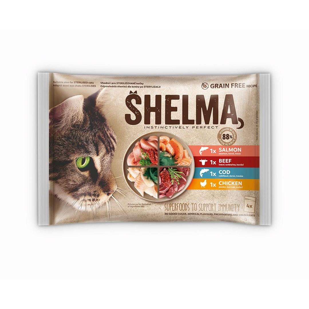 Vådfoder til kat – SHELMA laks, torsk, okse og kylling 4×85 g billede