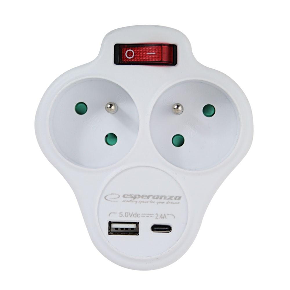 Stikdåse med 2 schuko-udtag + USB-A/USB-C, Esperanza, hvid billede