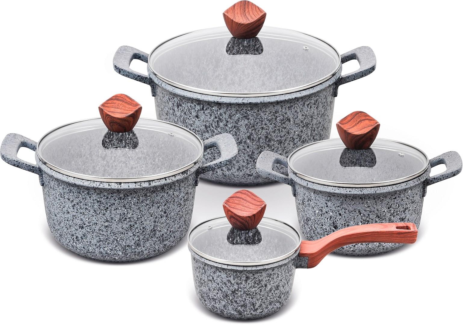 Grydesæt granit - PROMIS, kasserolle 16 cm + gryder 20/24/28 cm, brune håndtag billede