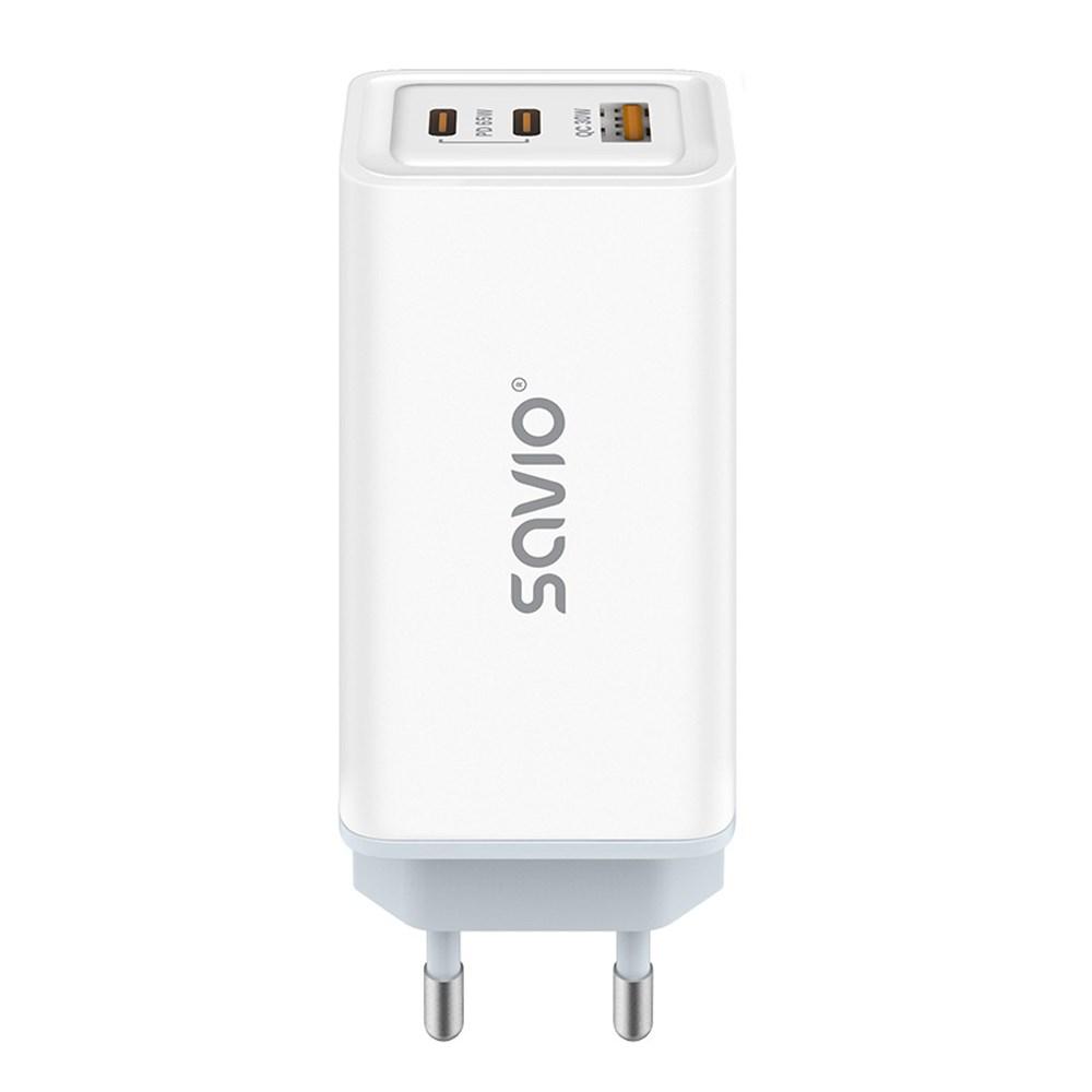 Hurtigoplader 65 W GaN - Savio LA-07, USB-A/USB-C, QC 4.0+, PD 3.0, hvid billede