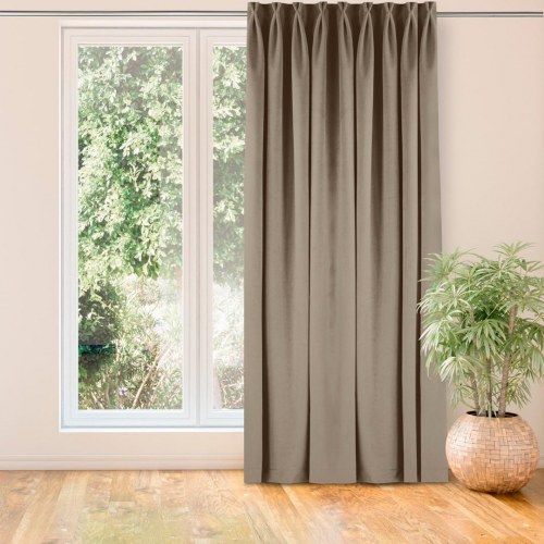 Mørklægningsgardin HOMEDE VILA – beige fløjl, 530×225 cm, klassisk, Flex 9,5 cm med dobbelt overlap