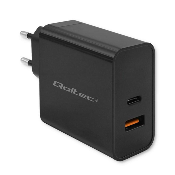 Vægoplader USB-C + USB-A 90 W – Qoltec Super Quick PD, sort billede