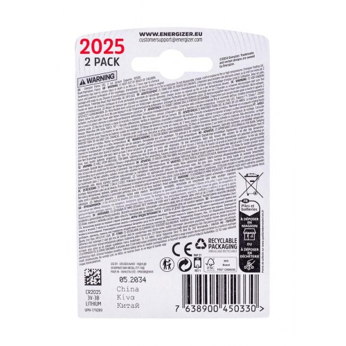 Knappcelle batteri Energizer CR2025 3 V – 2 stk.