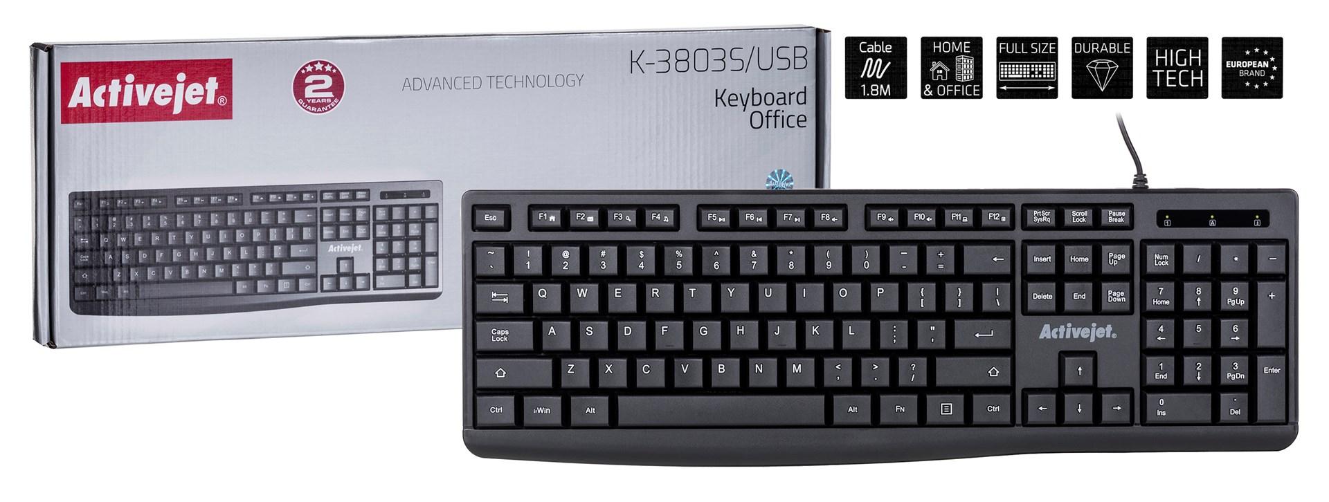 Tastatur med ledning Activejet K-3803S USB (fuld størrelse) billede