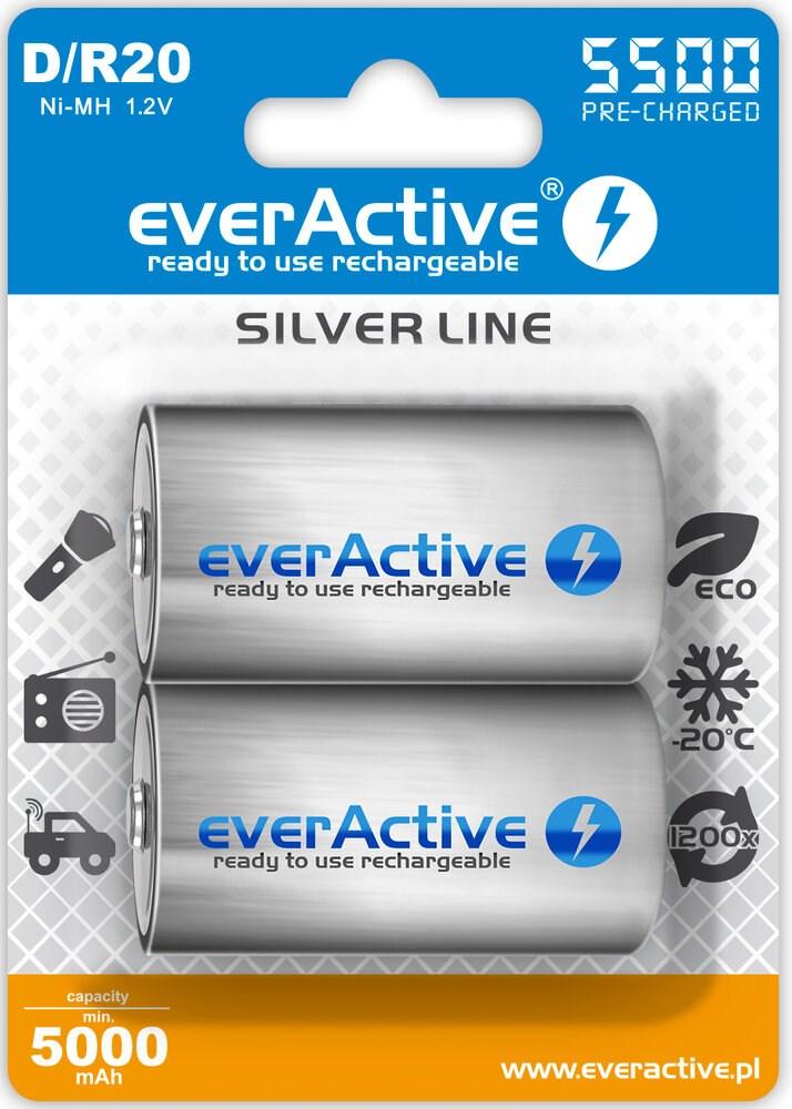 Genopladelige batterier D (R20) Ni-MH 5500 mAh - everActive Silver Line, 2-pak billede