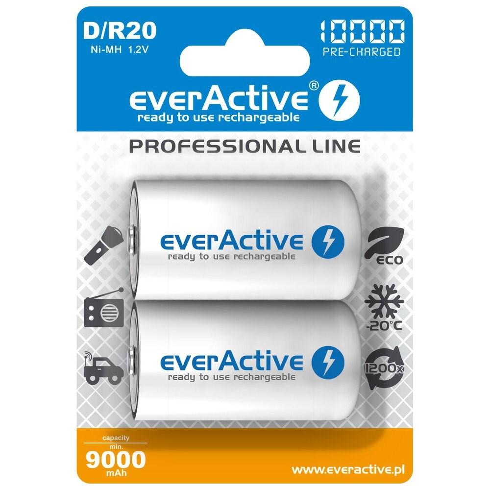 Genopladelige batterier D (R20) – everActive Ni-MH 10.000 mAh, klar til brug (2 stk.) billede