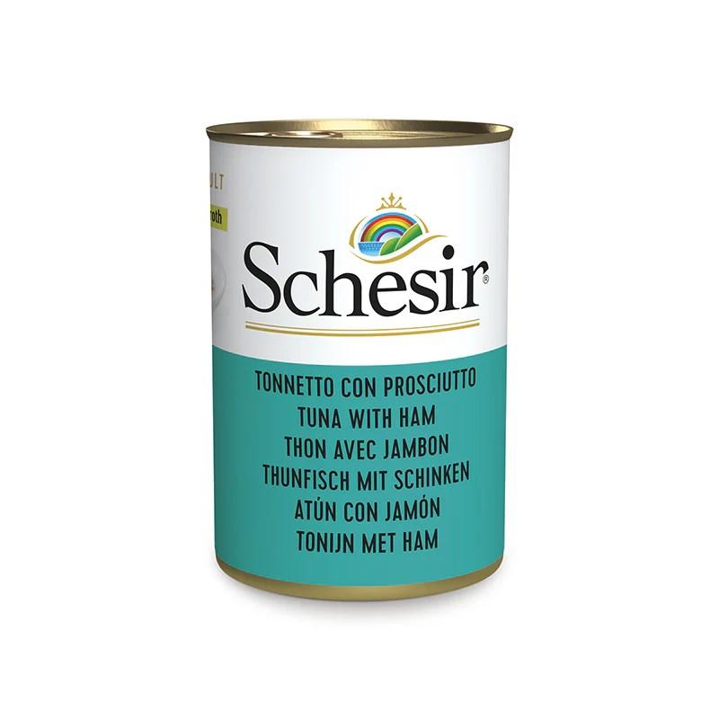 Vådfoder til kat – Schesir tun med skinke i bouillon, 140 g billede