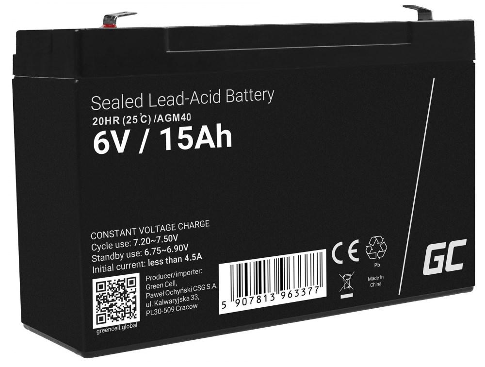 Batteri 6 V 15 Ah - Green Cell AGM40 blybatteri (VRLA) billede