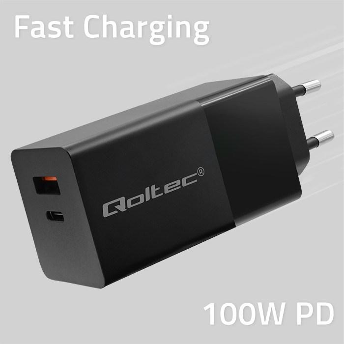 Oplader GaN 100W med USB‑C & USB‑A – Qoltec POWER PRO (sort) billede
