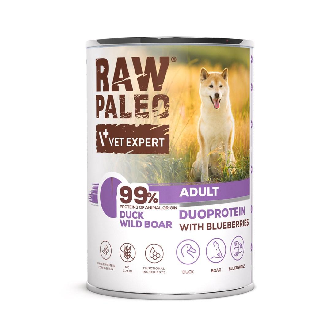 Vådfoder til hund – VetExpert RAW PALEO Duoprotein And & Vildsvin Adult 400 g billede