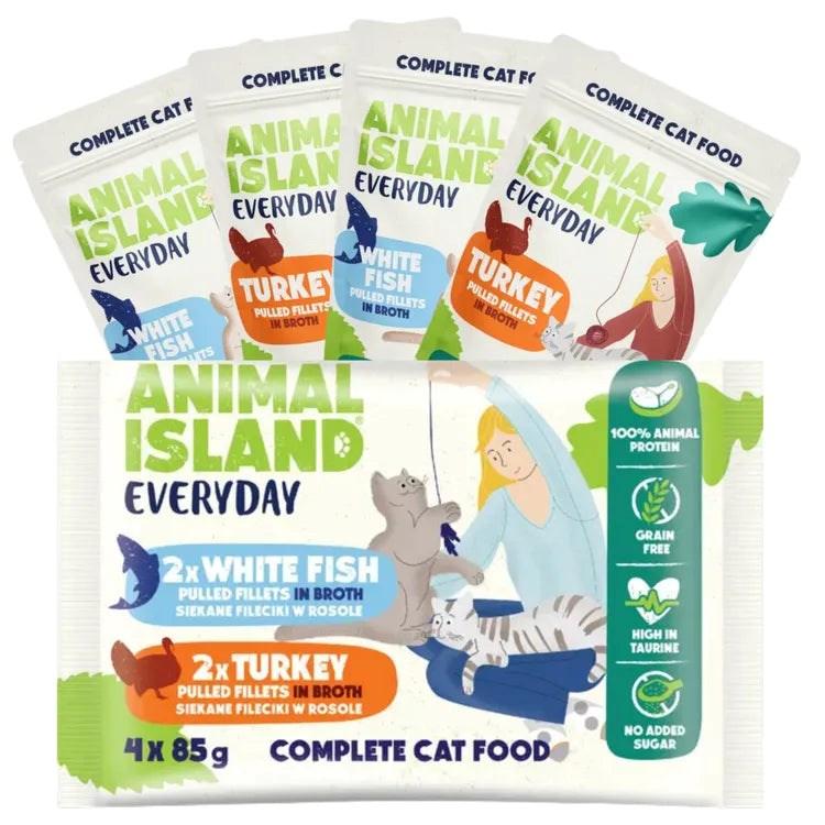 Vådfoder til kat – ANIMAL ISLAND Everyday kalkun og hvid fisk i bouillon, 4 x 85 g billede