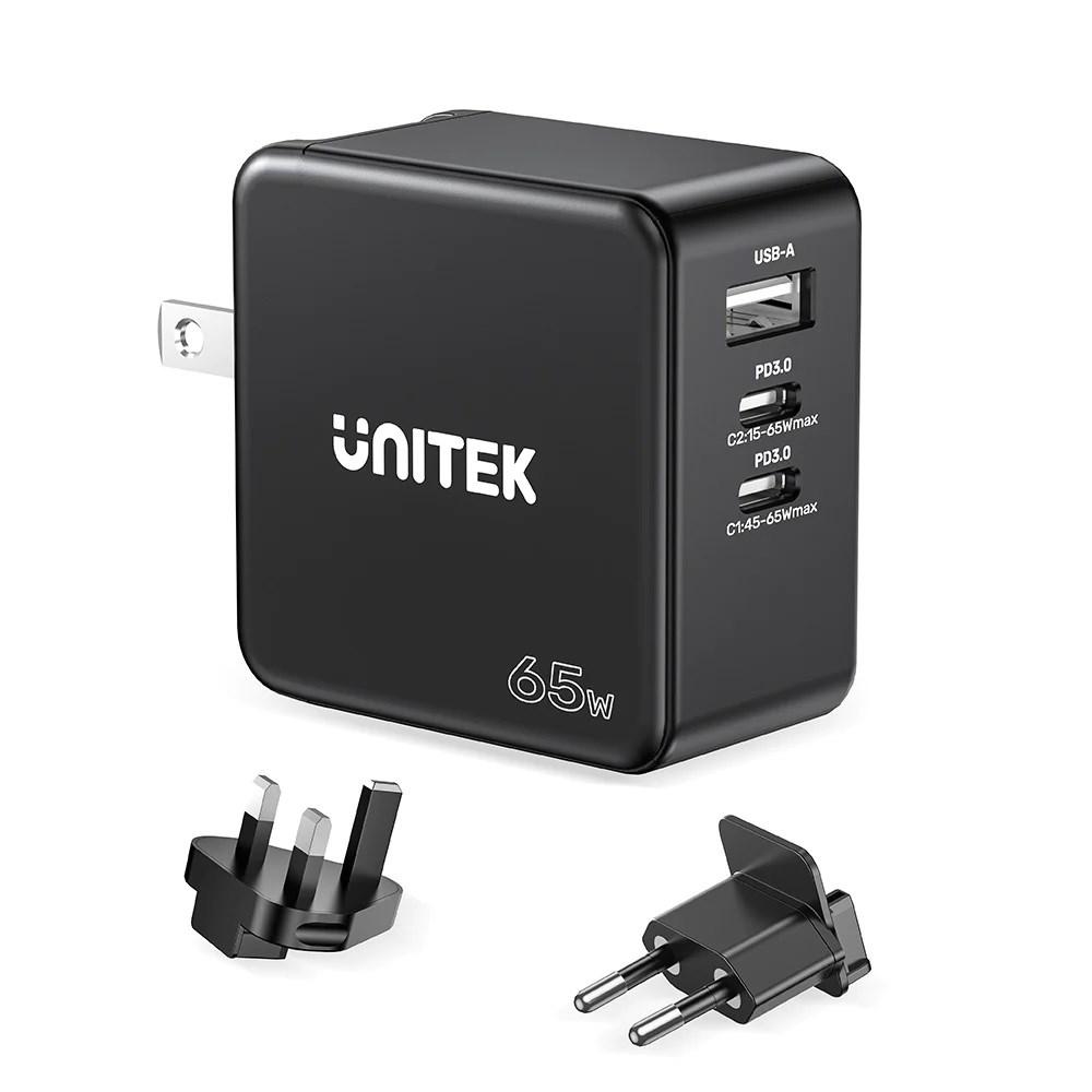 Oplader 65 W med USB-C PD og USB-A – UNITEK, sort billede