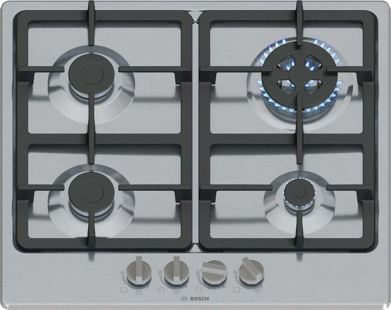 Indbygningskogeplade gas 60 cm – Bosch Serie 4 PGH6B5K90, rustfrit stål billede