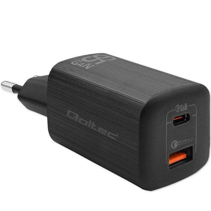 Vægoplader USB-C/USB-A 65 W - Qoltec GaN, hurtig opladning, sort billede