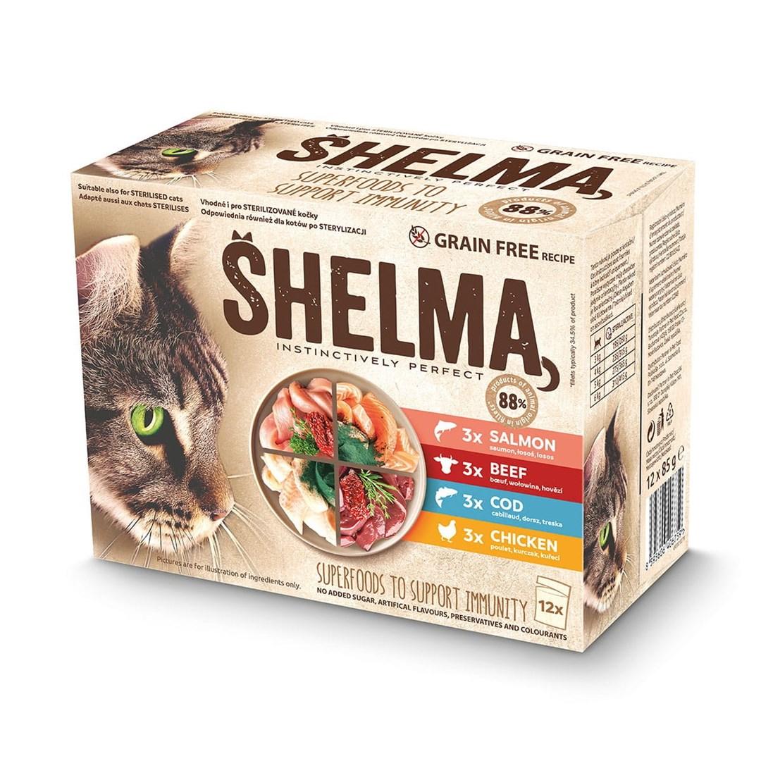 Vådfoder til kat – SHELMA med laks, torsk, kylling og okse i sauce, 12×85 g billede