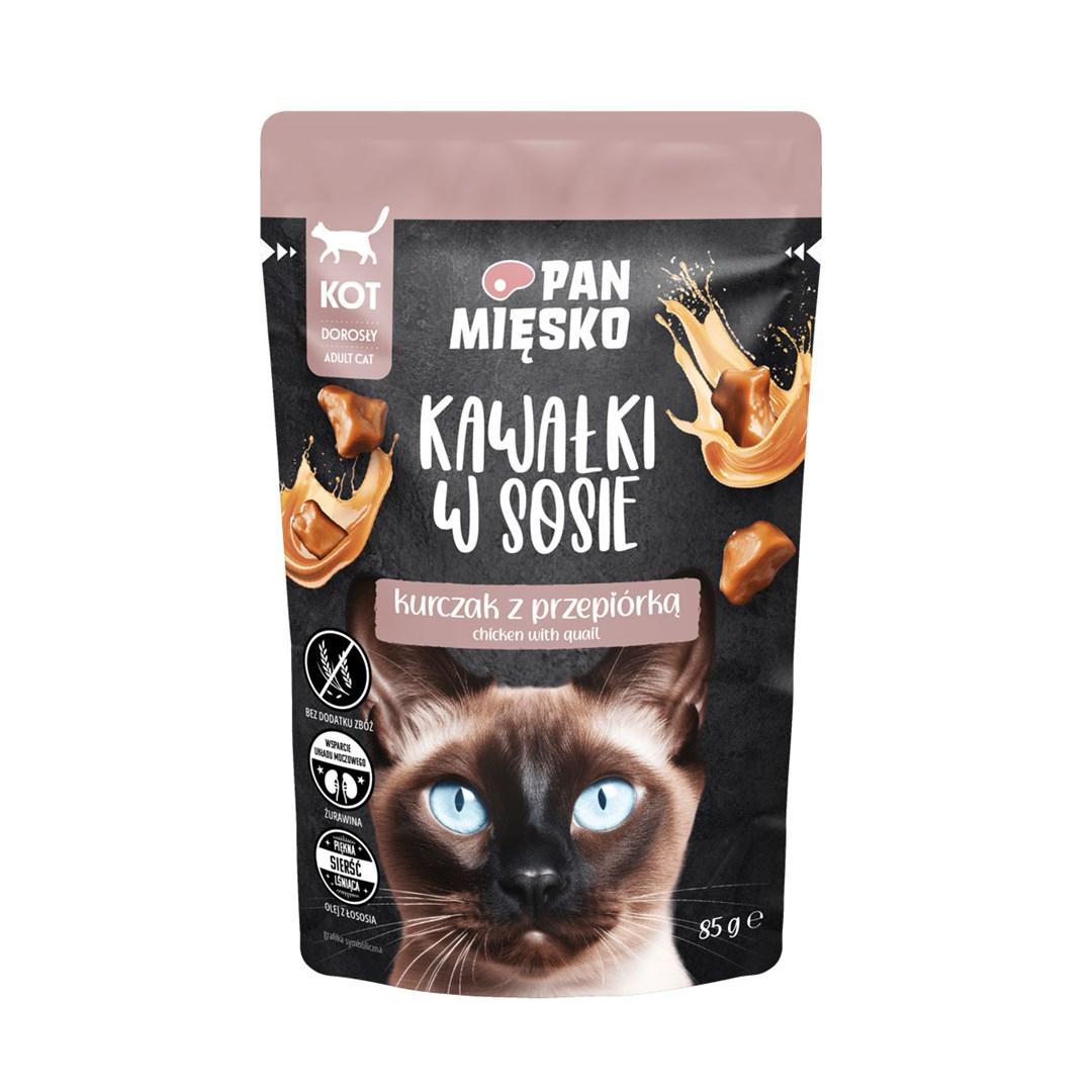 Vådfoder til kat PAN MIĘSKO – stykker i sauce, kylling med vagtel, 85 g billede
