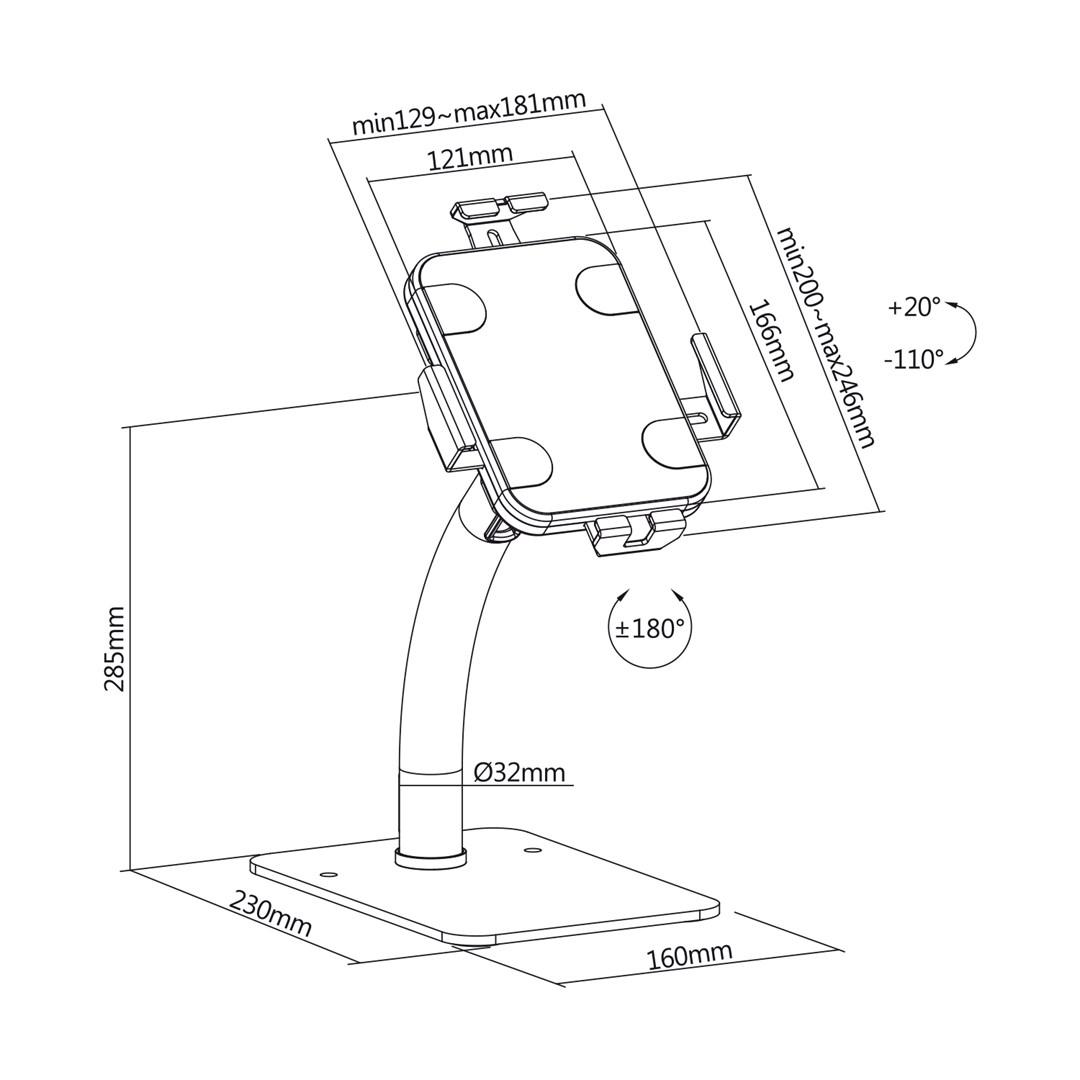 Tablet holder Maclean - låsbar bord- og vægmontering 7,9"-11", hvid