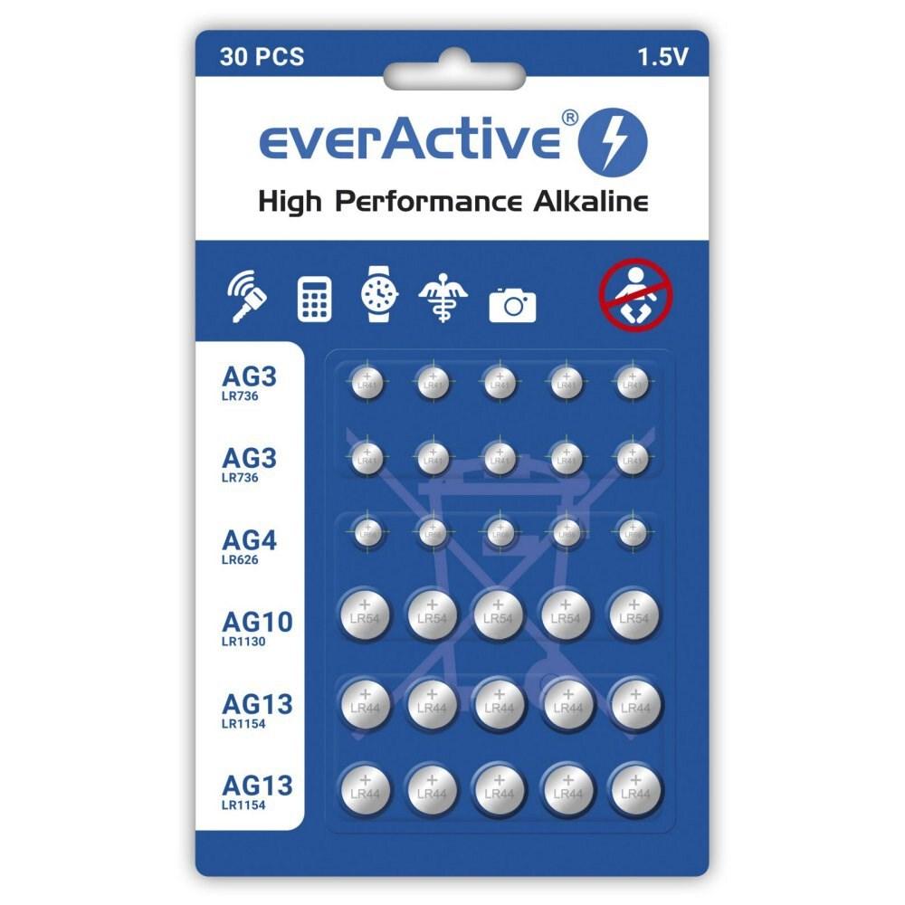 Knappcelle batterisæt everActive – 30 stk: 10× AG3/LR41, 5× AG4/LR626, 5× AG10/LR1130, 10× AG13/LR1154 billede