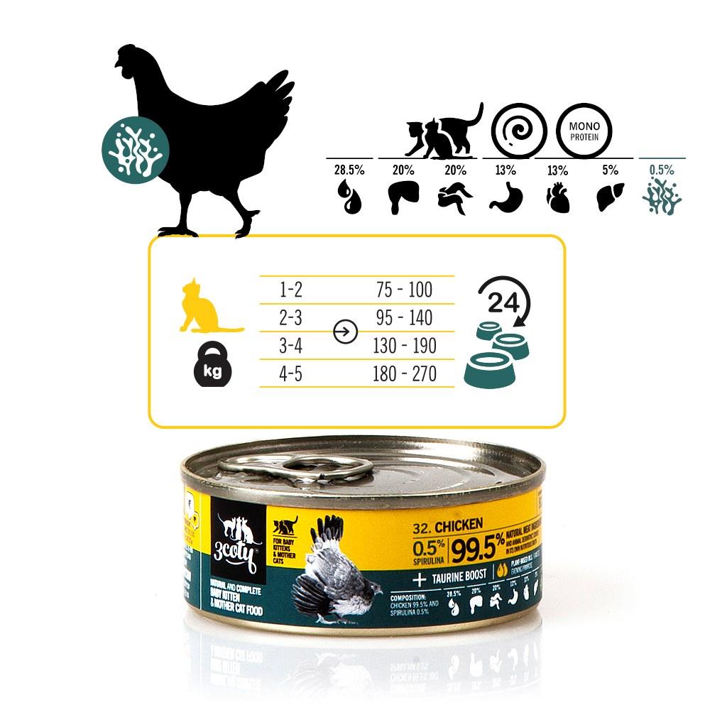 Vådfoder til kat – 3coty Kylling med spirulina, til killinger og diegivende katte, 80 g billede
