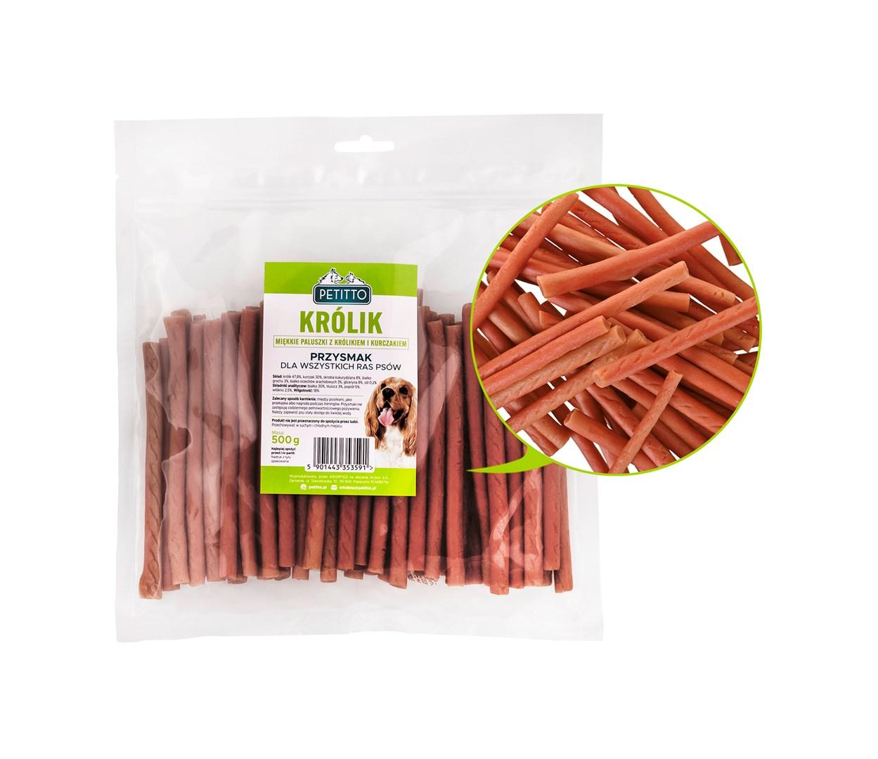 Hundegodbidder – PETITTO bløde kaninsticks, 500 g billede