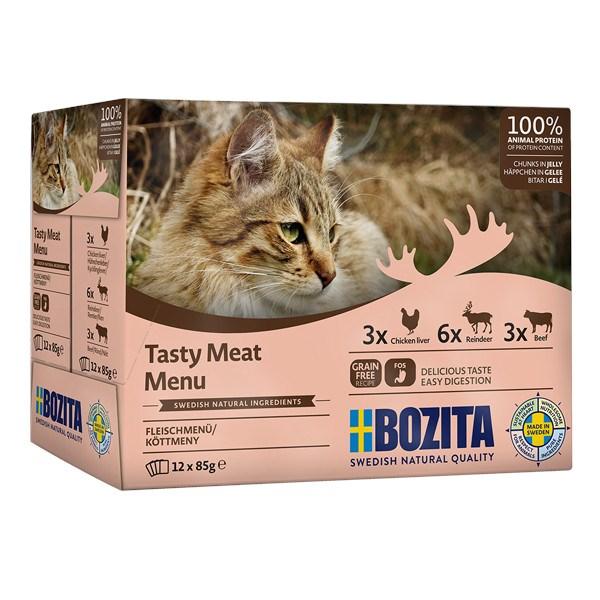 Vådfoder til kat – BOZITA Tasty Meat Menu Flavor Mix i gelé, 12 x 85 g billede