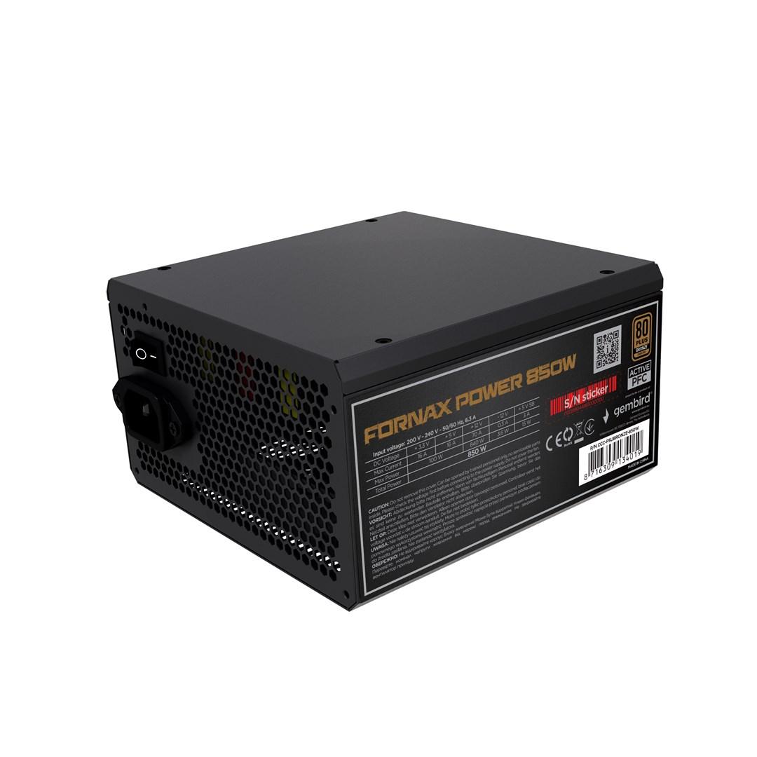 Strømforsyning ATX 850 W - Gembird Fornax Power, 80 Plus Bronze, aktiv PFC, 12 cm blæser billede