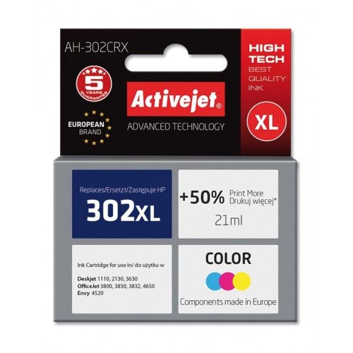 Blækpatron til HP 302XL – Activejet Premium, farve, 21 ml (kompatibel)