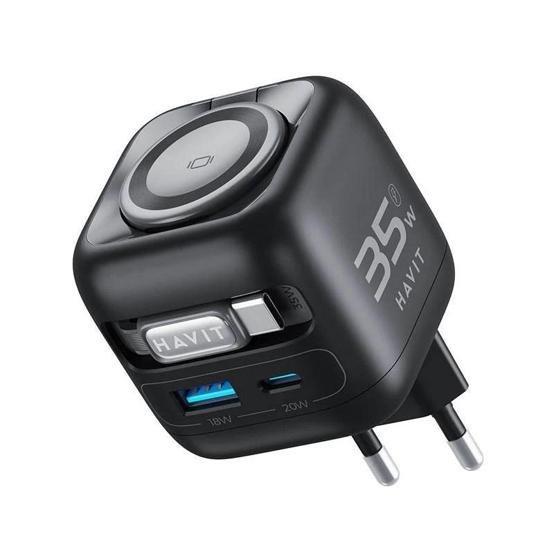 Oplader med GaN 35 W – Havit UC250 A-EU rejseoplader med udtrækkeligt kabel (sort) billede