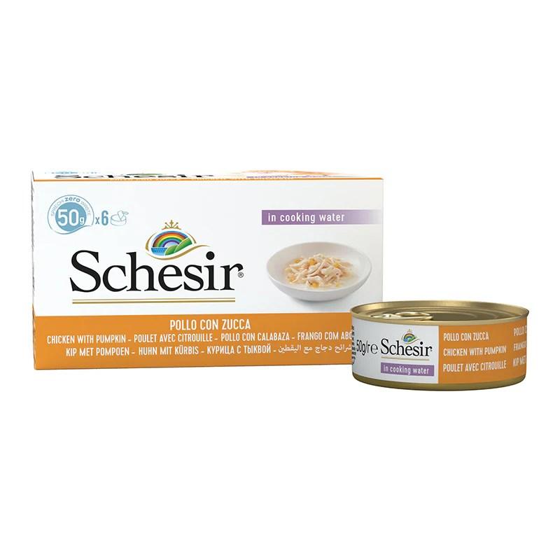Vådfoder til kat – Schesir kyllingefileter med græskar i bouillon, 6×50 g billede