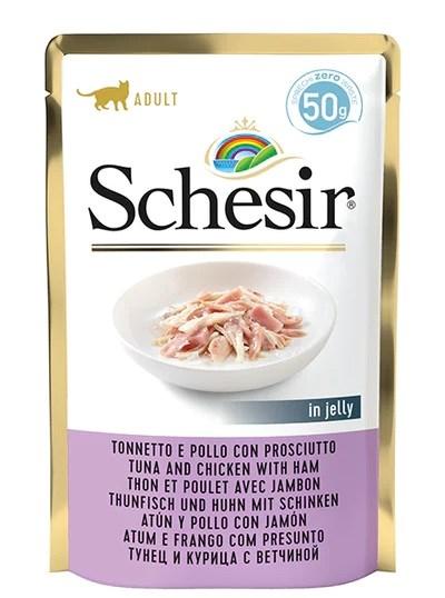 Vådfoder til kat - Schesir i gelé tun og kylling med skinke, 50 g billede
