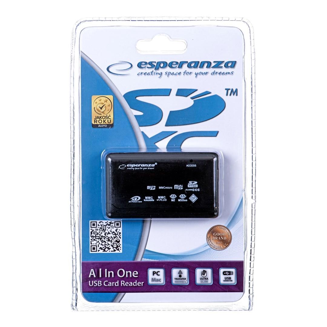 Hukommelseskortlæser USB 2.0 – Esperanza EA117 (sort) billede