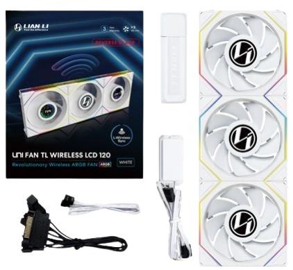 Kabinetsblæsere Lian Li UNI FAN TL Wireless LCD, ARGB, PWM, 3-pack med controller - Reverse Blade, 120 mm, hvid billede