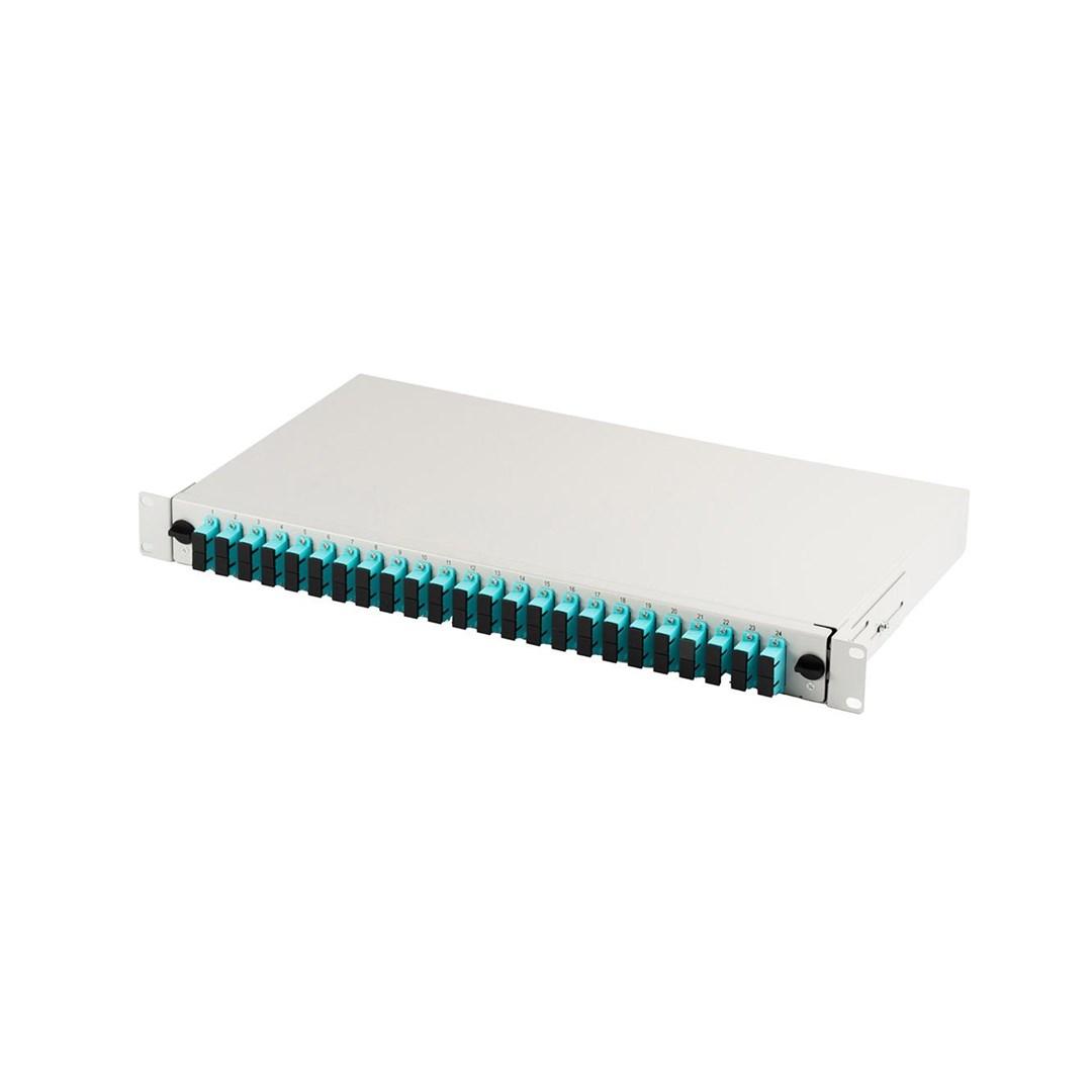 Fiber patchpanel 19" 1U, A-LAN, 24× SC duplex, OM3, udtrækkeligt, grå billede
