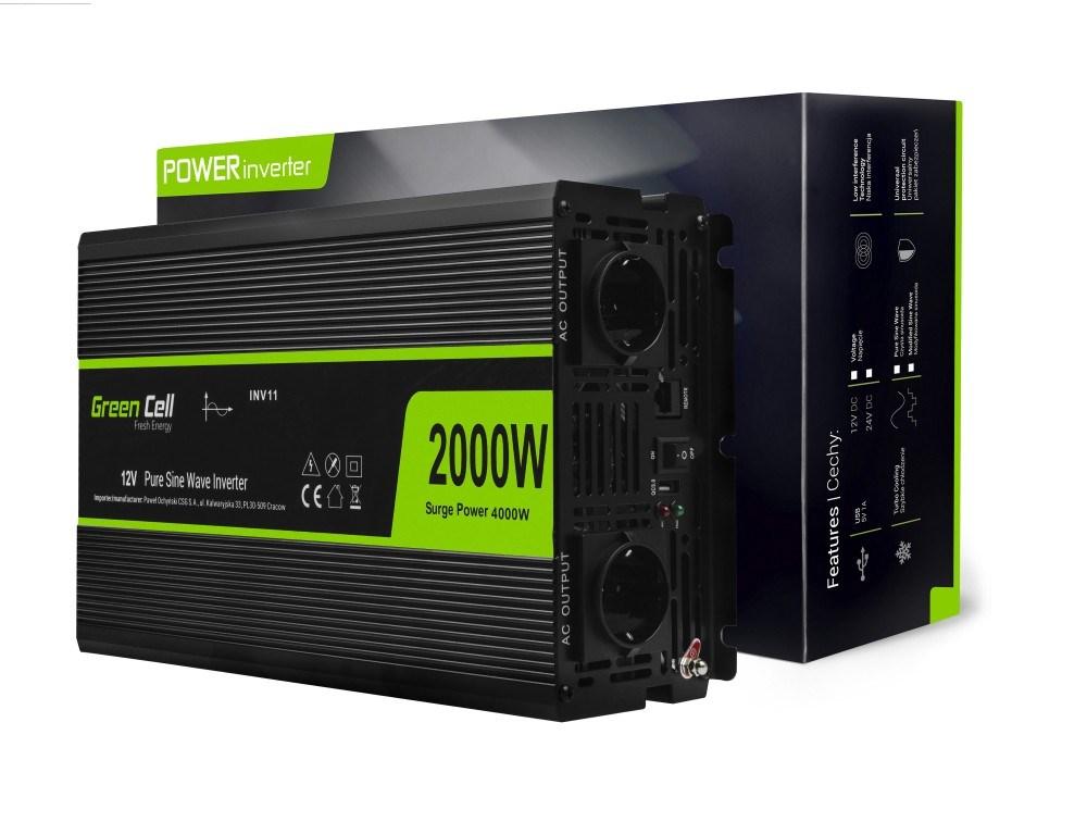 Strøminverter bil 12V til 230V 2000 W - Green Cell, sort billede