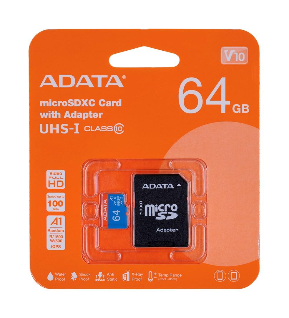 Hukommelseskort microSDHC 64 GB - ADATA Class 10 UHS-I (med SD-adapter) billede
