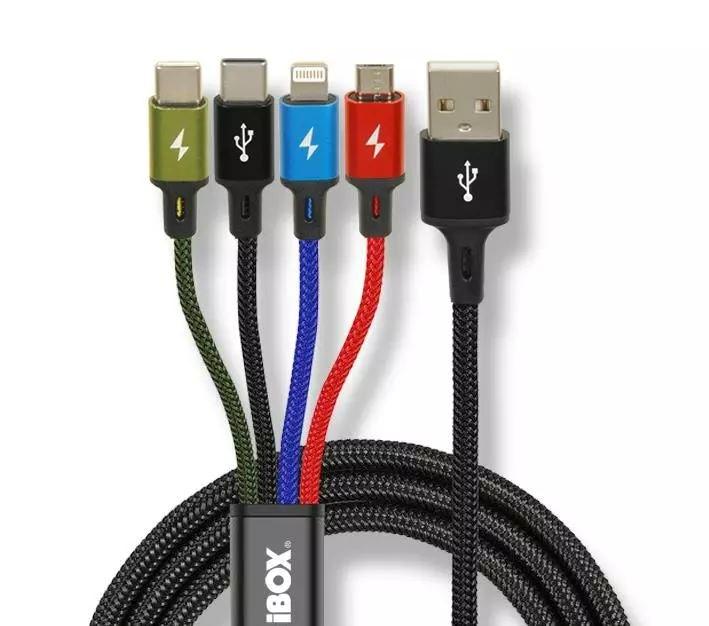USB opladningskabel 4-i-1 iBox – 1,2 m, nylon billede