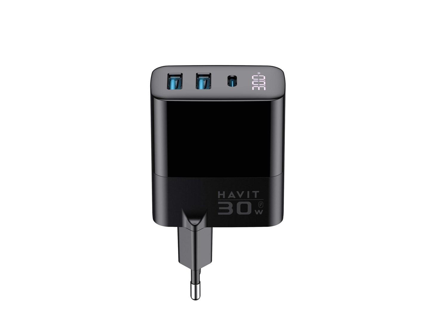 Oplader 30 W GaN med 3 porte – Havit (sort) billede