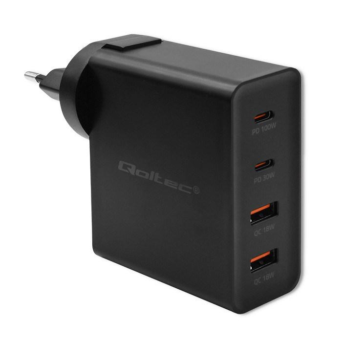 Oplader GaN 130W – Qoltec POWER PRO, 2x USB-C + 2x USB, 5–20 V, 1,5–5 A, sort billede