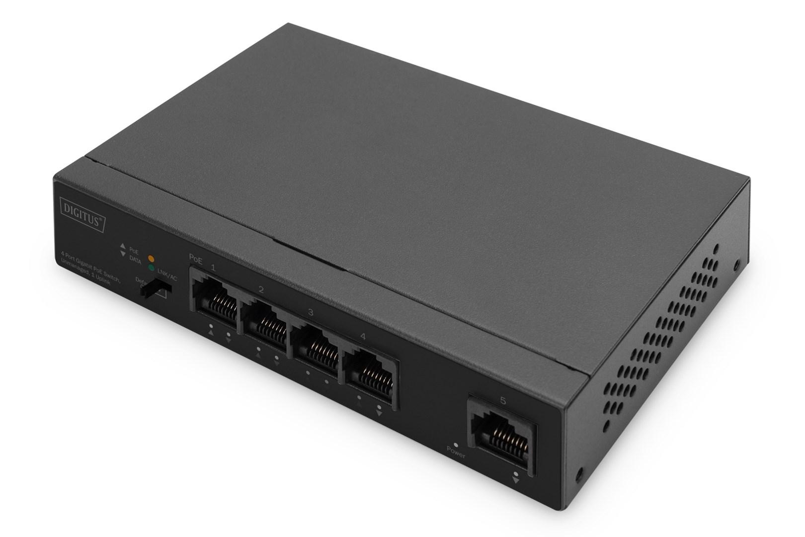 Netværksswitch Gigabit PoE 4 porte – DIGITUS, desktop, unmanaged, 1 uplink, 60 W af/at billede