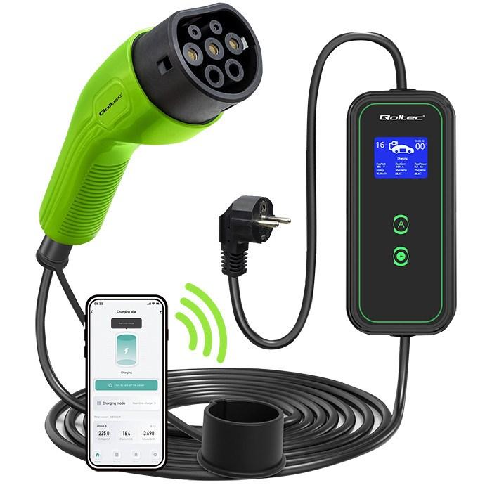Ladekabel til elbil Type 2 – Qoltec 3,5 kW, 230 V, Wi‑Fi, LCD, 2‑i‑1, bærbar wallbox, 5 m billede