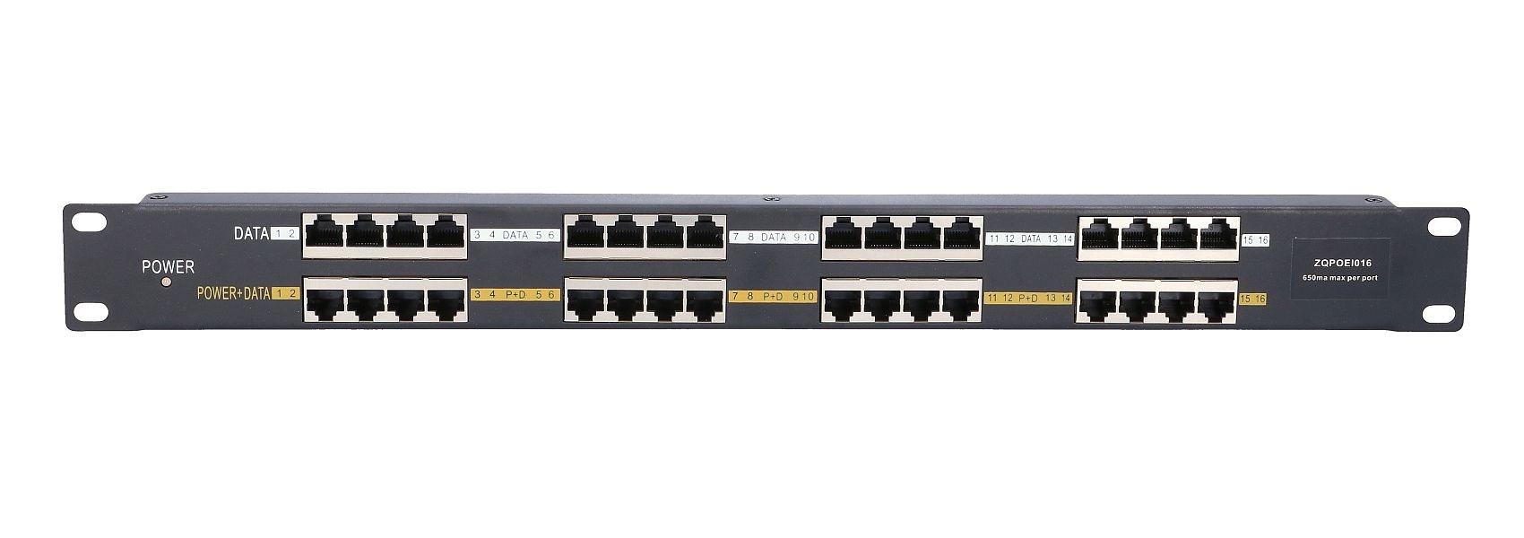 Extralink 16-port PoE-injektor 10/100 Mb/s RJ45 Fast Ethernet til 19" rack, 1U, sort