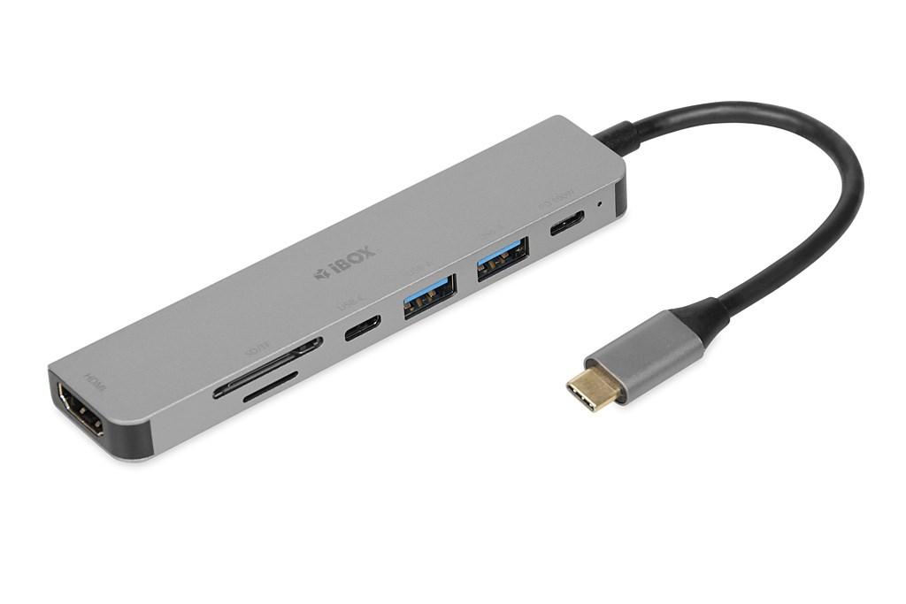 USB-C hub iBox 4K - 2x USB-A, 2x USB-C, HDMI, kortlæser - Sølv billede