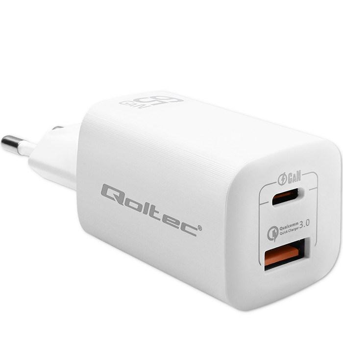 Oplader med hurtigopladning 65 W – Qoltec, USB-C + USB-A, hvid billede