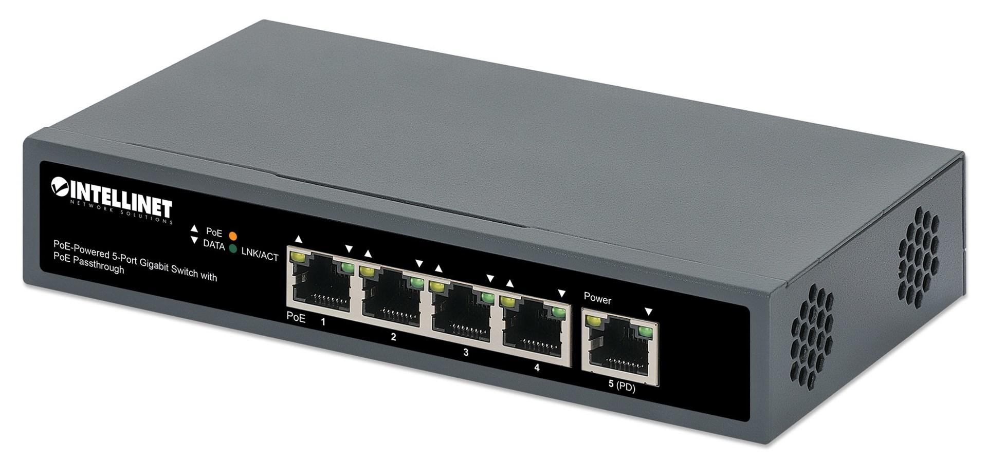 Netværksswitch 5-port Gigabit – Intellinet med PoE passthrough, desktop/vægmontering billede