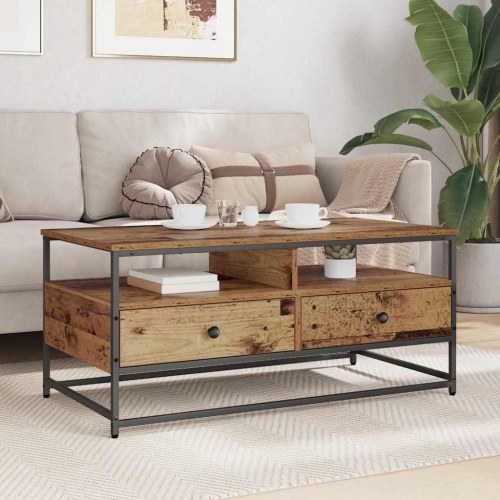 Sofabord i konstrueret træ - gammelt træ, 100 × 51 × 45 cm med skuffer og hylder