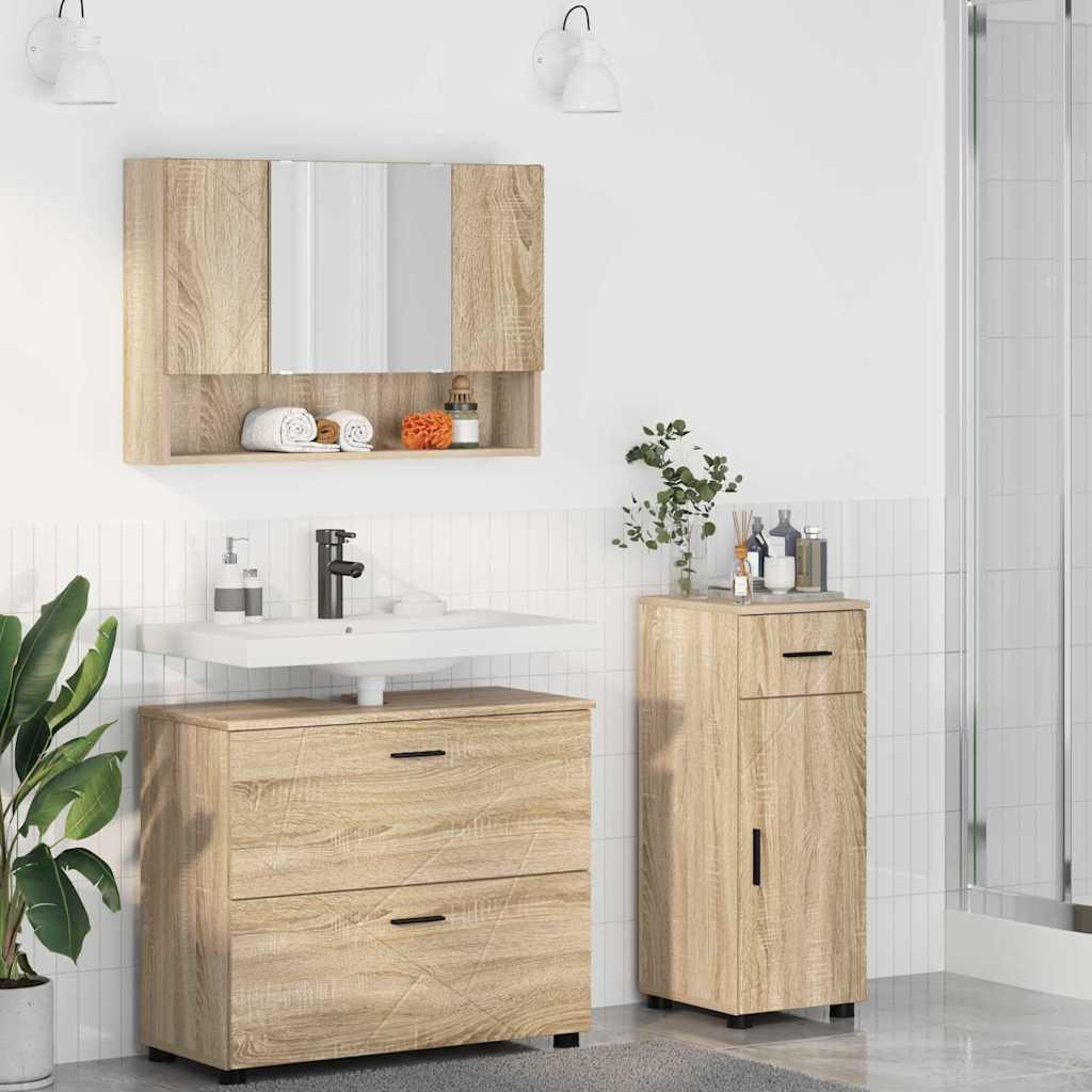 Badeværelsesmøbel sæt med dør 3 stk Sonoma-eg 76,5 x 35 x 64 cm billede