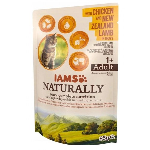 Vådfoder til kat – IAMS Naturally Adult kylling & newzealandsk lam i sovs 85 g