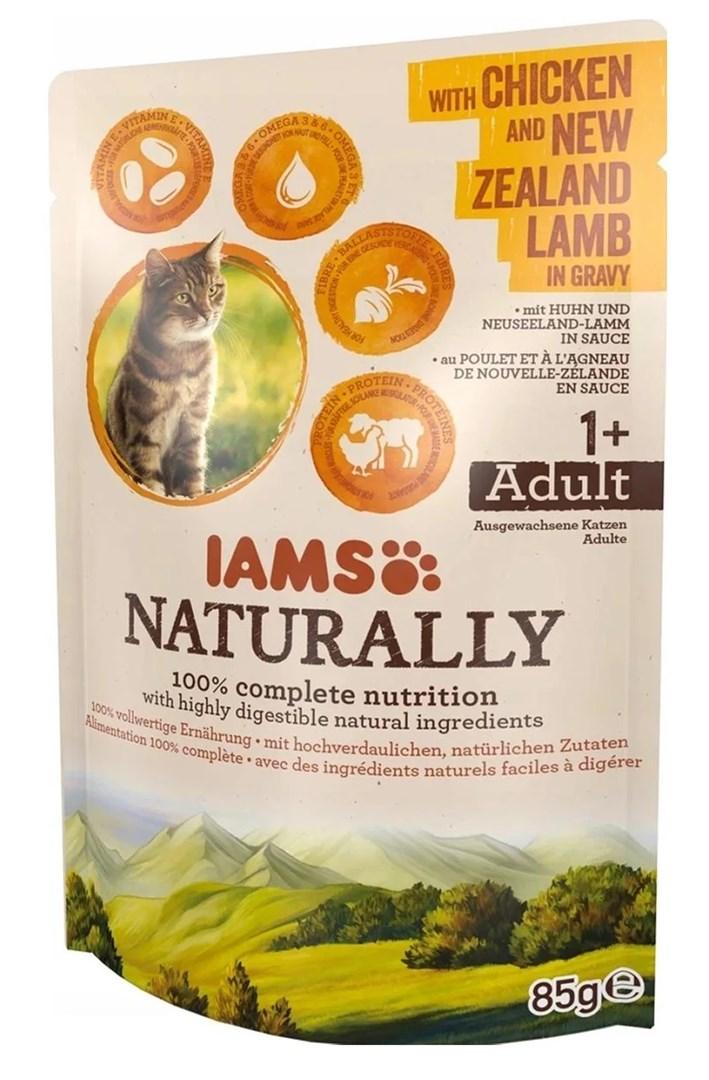 Vådfoder til kat – IAMS Naturally Adult kylling & newzealandsk lam i sovs 85 g