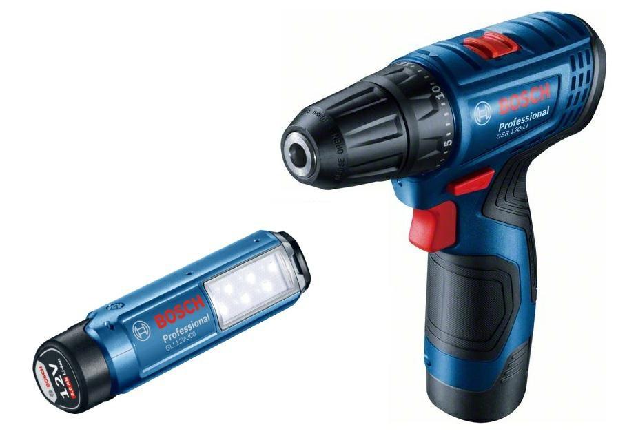 Skruemaskine Bosch GSR 120-LI 12V 2x2,0 Ah + GLI 12V-300 lampe i kuffert billede
