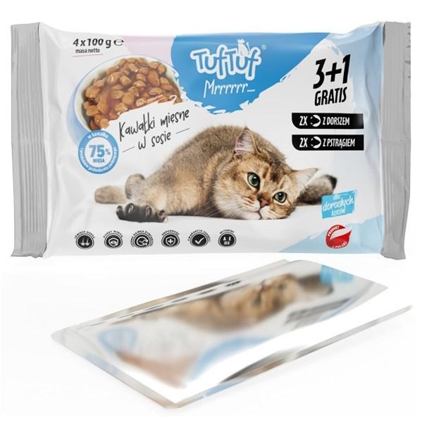 VÃ¥dfoder til kat â TufTuf 2x torsk, 2x Ã¸rred (4Ã100 g) billede